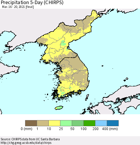 Korea Precipitation 5-Day (CHIRPS) Thematic Map For 3/16/2021 - 3/20/2021
