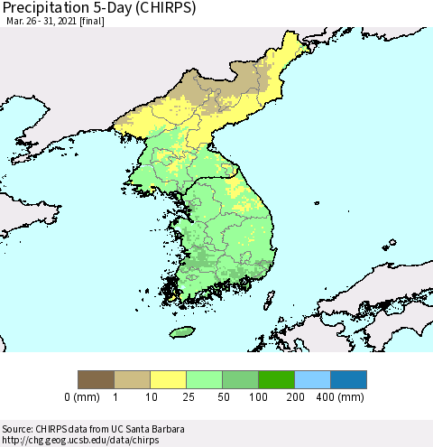 Korea Precipitation 5-Day (CHIRPS) Thematic Map For 3/26/2021 - 3/31/2021