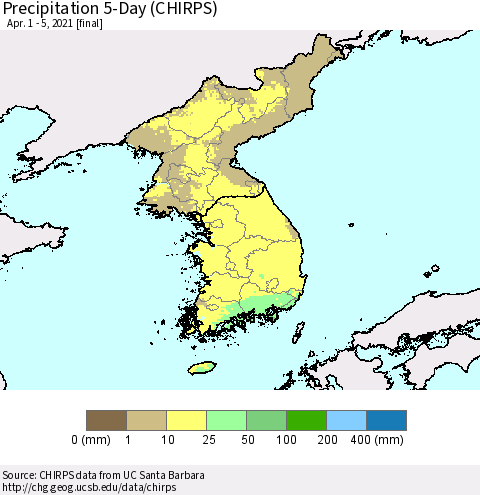 Korea Precipitation 5-Day (CHIRPS) Thematic Map For 4/1/2021 - 4/5/2021