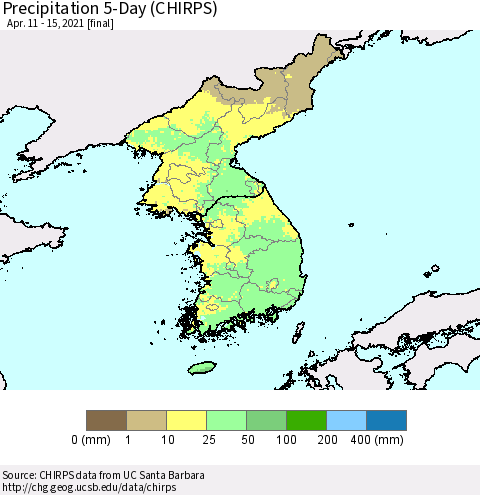 Korea Precipitation 5-Day (CHIRPS) Thematic Map For 4/11/2021 - 4/15/2021