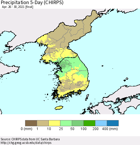 Korea Precipitation 5-Day (CHIRPS) Thematic Map For 4/26/2021 - 4/30/2021