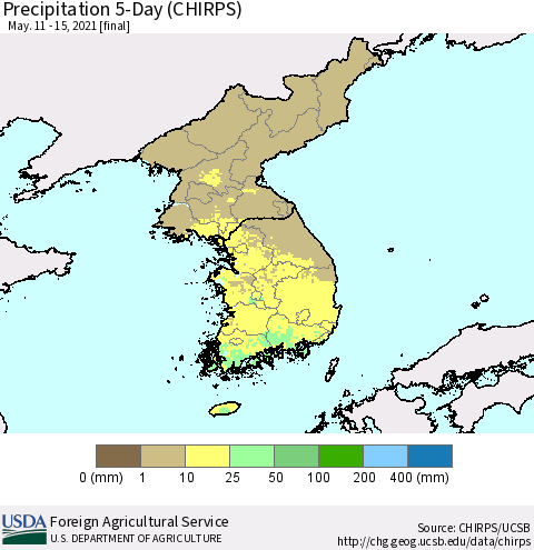 Korea Precipitation 5-Day (CHIRPS) Thematic Map For 5/11/2021 - 5/15/2021