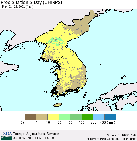 Korea Precipitation 5-Day (CHIRPS) Thematic Map For 5/21/2021 - 5/25/2021