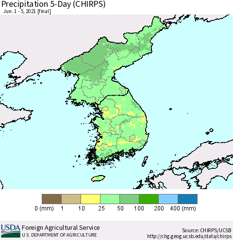 Korea Precipitation 5-Day (CHIRPS) Thematic Map For 6/1/2021 - 6/5/2021
