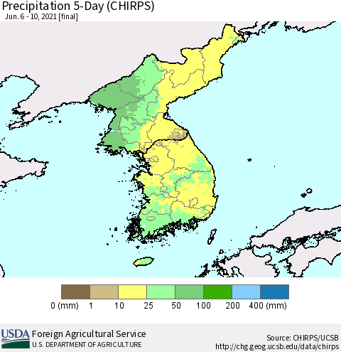 Korea Precipitation 5-Day (CHIRPS) Thematic Map For 6/6/2021 - 6/10/2021