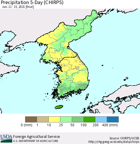 Korea Precipitation 5-Day (CHIRPS) Thematic Map For 6/11/2021 - 6/15/2021