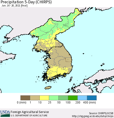 Korea Precipitation 5-Day (CHIRPS) Thematic Map For 6/16/2021 - 6/20/2021