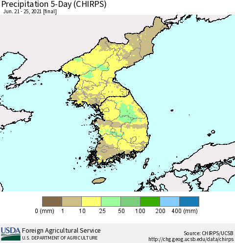 Korea Precipitation 5-Day (CHIRPS) Thematic Map For 6/21/2021 - 6/25/2021