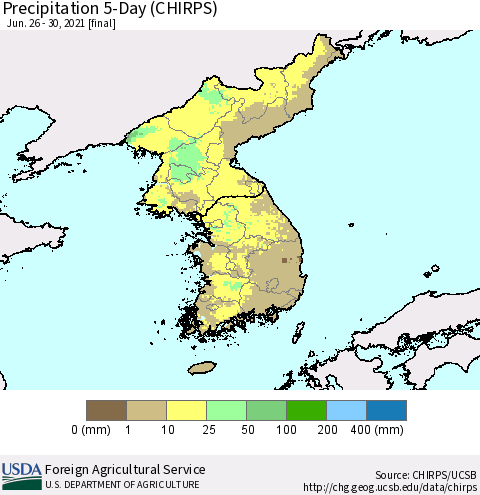 Korea Precipitation 5-Day (CHIRPS) Thematic Map For 6/26/2021 - 6/30/2021