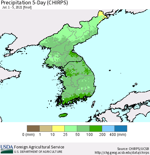 Korea Precipitation 5-Day (CHIRPS) Thematic Map For 7/1/2021 - 7/5/2021