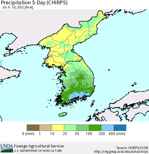 Korea Precipitation 5-Day (CHIRPS) Thematic Map For 7/6/2021 - 7/10/2021