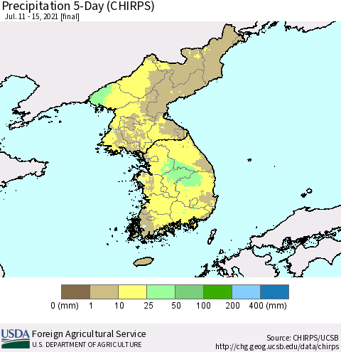 Korea Precipitation 5-Day (CHIRPS) Thematic Map For 7/11/2021 - 7/15/2021