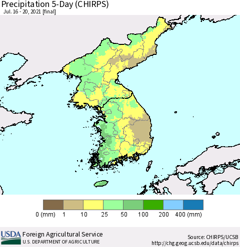 Korea Precipitation 5-Day (CHIRPS) Thematic Map For 7/16/2021 - 7/20/2021