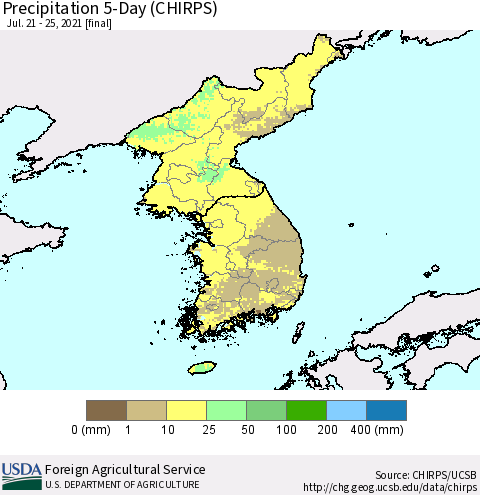 Korea Precipitation 5-Day (CHIRPS) Thematic Map For 7/21/2021 - 7/25/2021