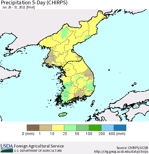 Korea Precipitation 5-Day (CHIRPS) Thematic Map For 7/26/2021 - 7/31/2021