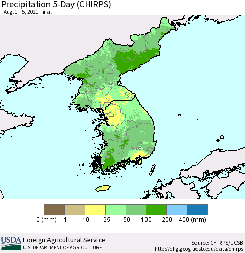 Korea Precipitation 5-Day (CHIRPS) Thematic Map For 8/1/2021 - 8/5/2021