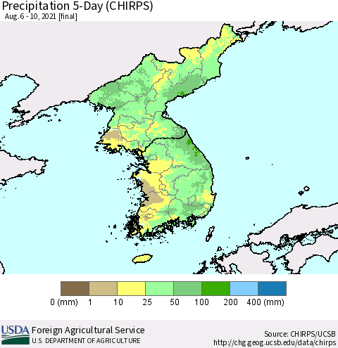Korea Precipitation 5-Day (CHIRPS) Thematic Map For 8/6/2021 - 8/10/2021