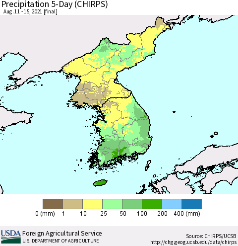 Korea Precipitation 5-Day (CHIRPS) Thematic Map For 8/11/2021 - 8/15/2021