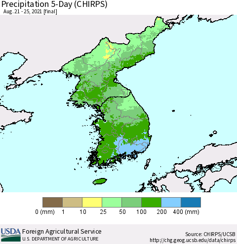 Korea Precipitation 5-Day (CHIRPS) Thematic Map For 8/21/2021 - 8/25/2021