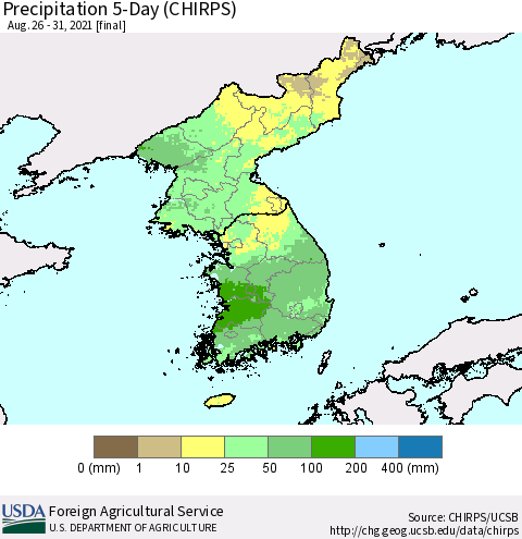 Korea Precipitation 5-Day (CHIRPS) Thematic Map For 8/26/2021 - 8/31/2021