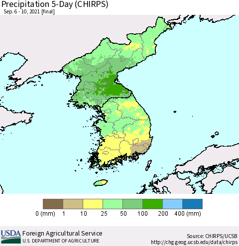 Korea Precipitation 5-Day (CHIRPS) Thematic Map For 9/6/2021 - 9/10/2021