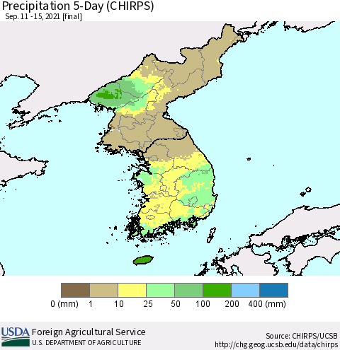 Korea Precipitation 5-Day (CHIRPS) Thematic Map For 9/11/2021 - 9/15/2021
