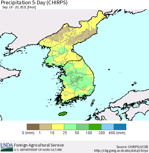 Korea Precipitation 5-Day (CHIRPS) Thematic Map For 9/16/2021 - 9/20/2021