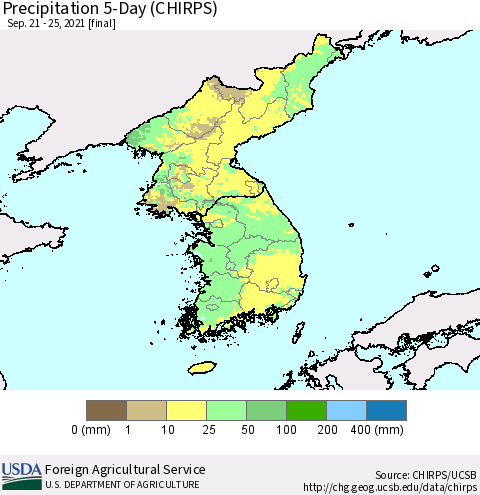 Korea Precipitation 5-Day (CHIRPS) Thematic Map For 9/21/2021 - 9/25/2021