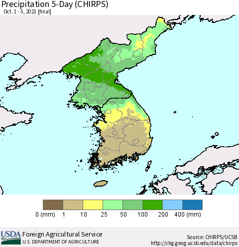 Korea Precipitation 5-Day (CHIRPS) Thematic Map For 10/1/2021 - 10/5/2021