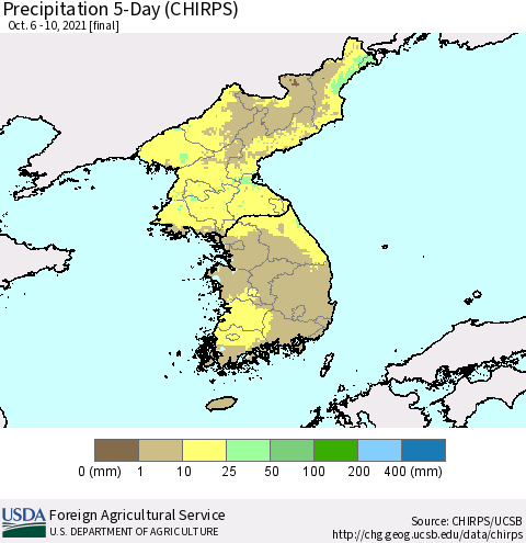 Korea Precipitation 5-Day (CHIRPS) Thematic Map For 10/6/2021 - 10/10/2021