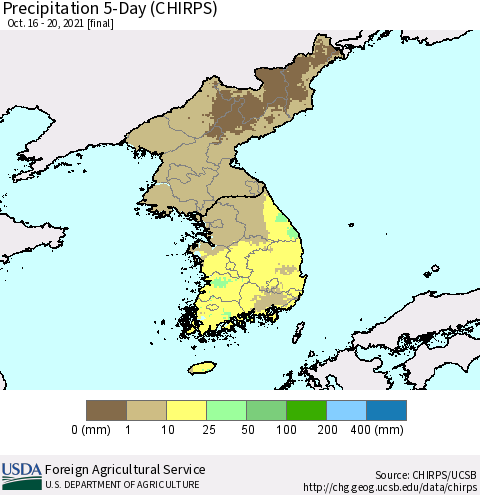 Korea Precipitation 5-Day (CHIRPS) Thematic Map For 10/16/2021 - 10/20/2021