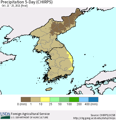 Korea Precipitation 5-Day (CHIRPS) Thematic Map For 10/21/2021 - 10/25/2021