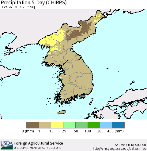 Korea Precipitation 5-Day (CHIRPS) Thematic Map For 10/26/2021 - 10/31/2021