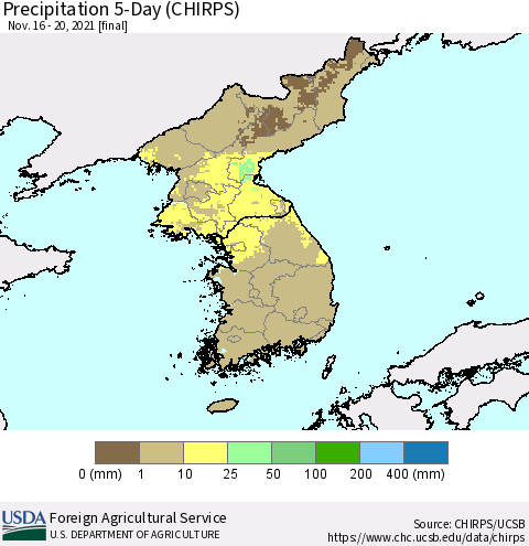 Korea Precipitation 5-Day (CHIRPS) Thematic Map For 11/16/2021 - 11/20/2021
