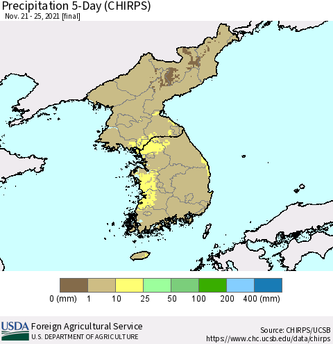 Korea Precipitation 5-Day (CHIRPS) Thematic Map For 11/21/2021 - 11/25/2021