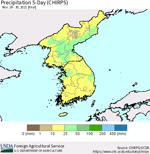 Korea Precipitation 5-Day (CHIRPS) Thematic Map For 11/26/2021 - 11/30/2021