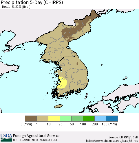 Korea Precipitation 5-Day (CHIRPS) Thematic Map For 12/1/2021 - 12/5/2021