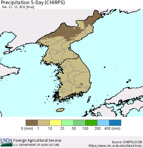 Korea Precipitation 5-Day (CHIRPS) Thematic Map For 12/11/2021 - 12/15/2021