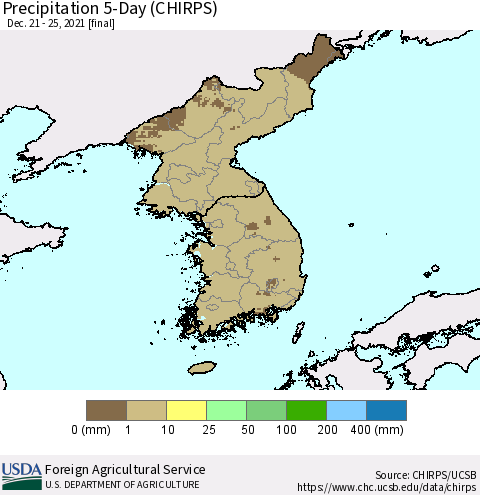 Korea Precipitation 5-Day (CHIRPS) Thematic Map For 12/21/2021 - 12/25/2021