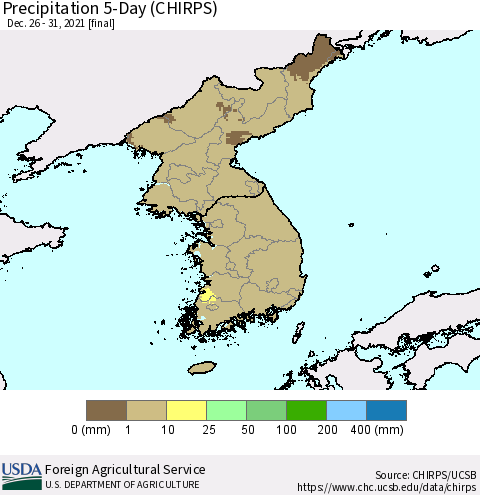 Korea Precipitation 5-Day (CHIRPS) Thematic Map For 12/26/2021 - 12/31/2021