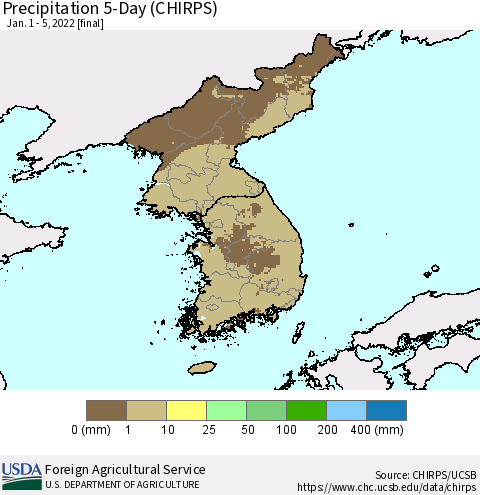 Korea Precipitation 5-Day (CHIRPS) Thematic Map For 1/1/2022 - 1/5/2022