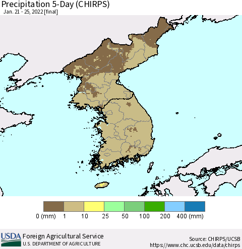Korea Precipitation 5-Day (CHIRPS) Thematic Map For 1/21/2022 - 1/25/2022