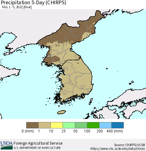 Korea Precipitation 5-Day (CHIRPS) Thematic Map For 2/1/2022 - 2/5/2022