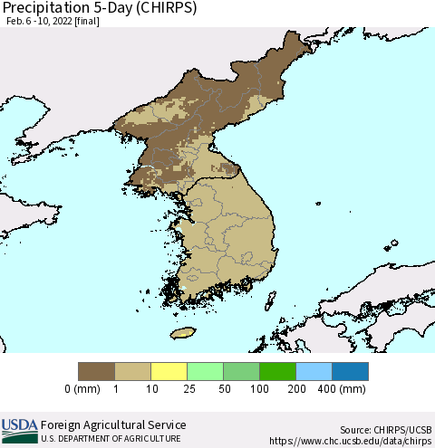 Korea Precipitation 5-Day (CHIRPS) Thematic Map For 2/6/2022 - 2/10/2022