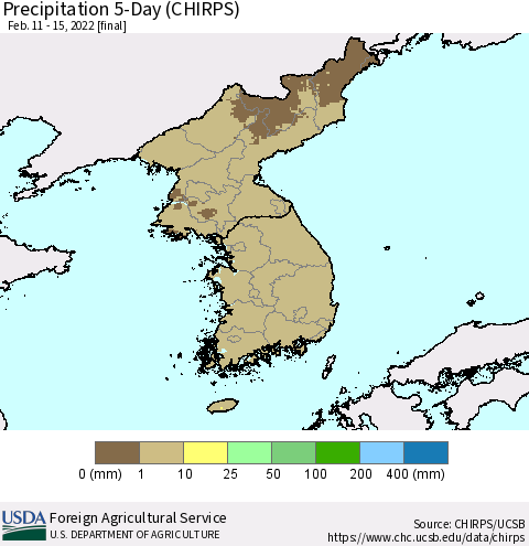 Korea Precipitation 5-Day (CHIRPS) Thematic Map For 2/11/2022 - 2/15/2022