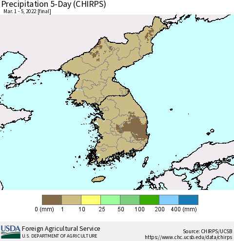 Korea Precipitation 5-Day (CHIRPS) Thematic Map For 3/1/2022 - 3/5/2022