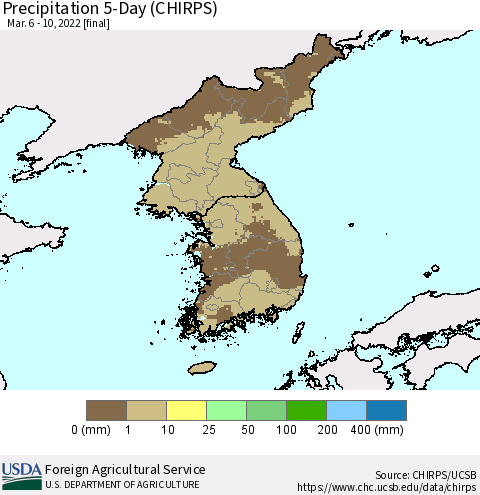Korea Precipitation 5-Day (CHIRPS) Thematic Map For 3/6/2022 - 3/10/2022