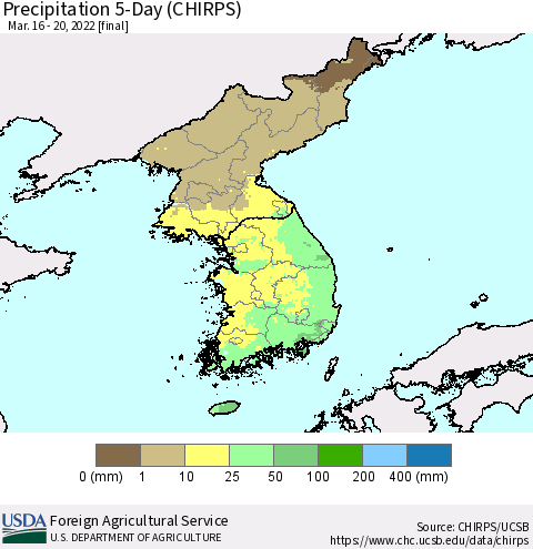 Korea Precipitation 5-Day (CHIRPS) Thematic Map For 3/16/2022 - 3/20/2022