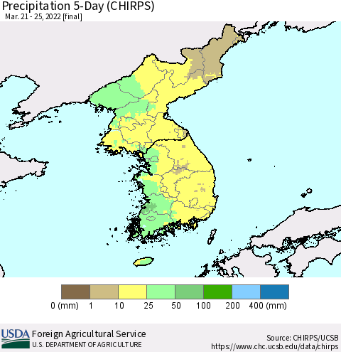 Korea Precipitation 5-Day (CHIRPS) Thematic Map For 3/21/2022 - 3/25/2022