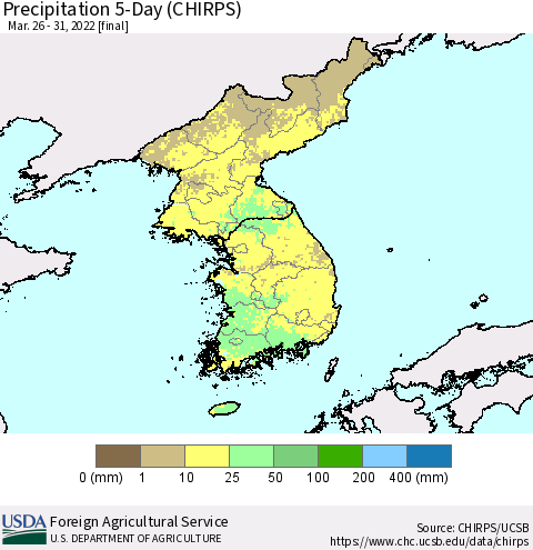 Korea Precipitation 5-Day (CHIRPS) Thematic Map For 3/26/2022 - 3/31/2022